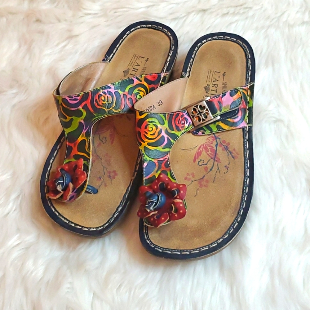 L’Artiste Aldora Sandals Women Size 39 Leather Floral Multicolor Buckle Comfort